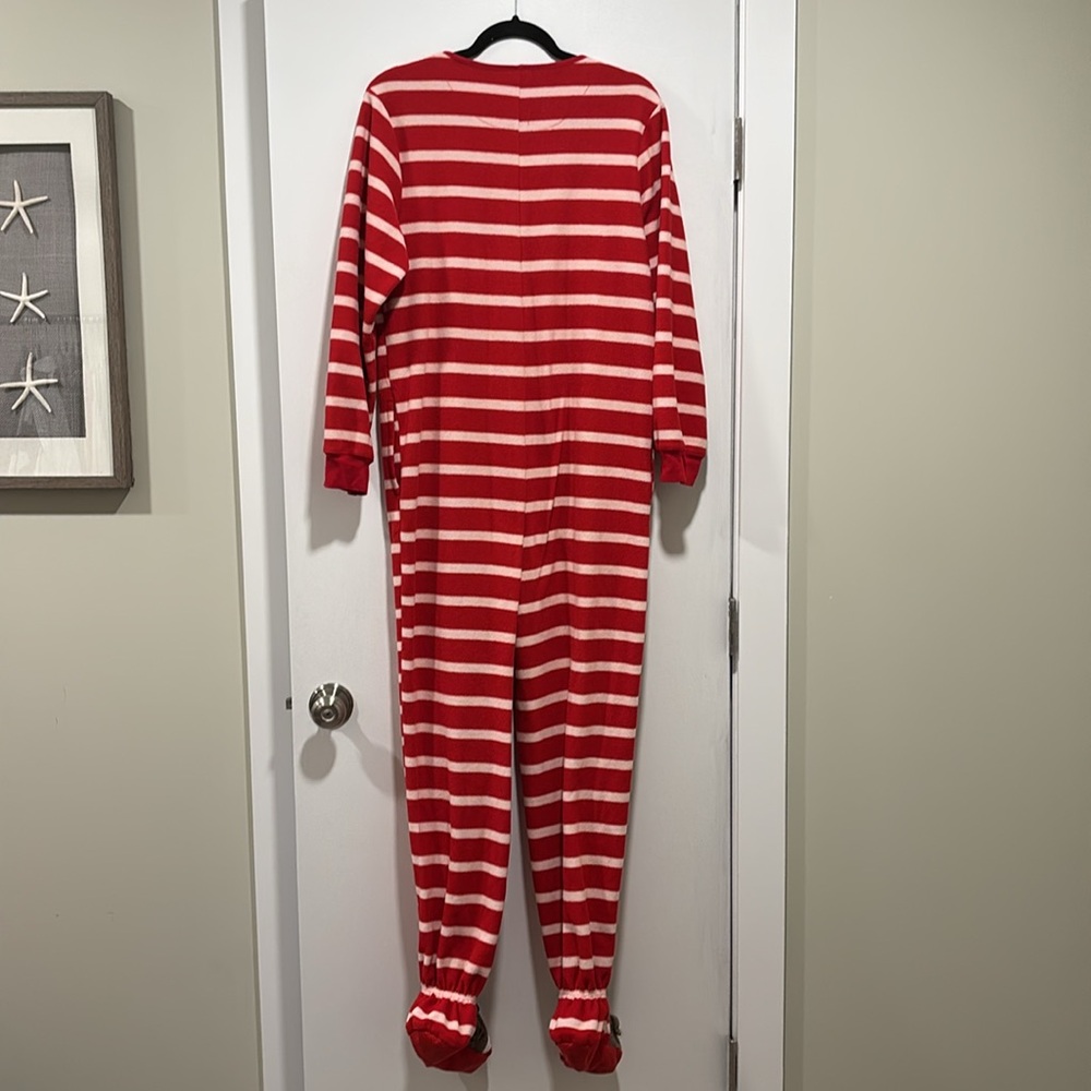 Nick & Nora Red and White Stripe Sock Monkey Footed Onesie Pajamas - Picture 6 of 9